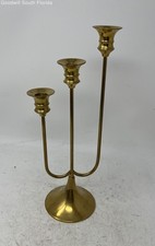 Vintage Gold Brass 3 Arm Stepped Candelabra Mid-Century Modern Candle Holder