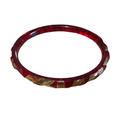 Vintage Ruby Red Lucite Bangle Bracelet Gold Etched Leaf Pattern Retro Accessory