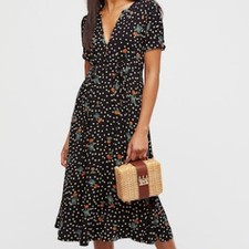 FREE PEOPLE | Polka Dot Cherry Print Midi Dress Lace-Up Corset Retro Mod 8