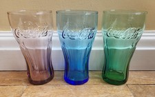 COCA COLA GLASSES X3 - COLBALT BLUE, PURPLE AND GREEN COLOURED - VGC