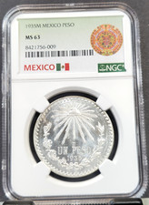 1935 MEXICO SILVER 1 PESO CAP AND RAYS NGC MS 63 RARE KEY DATE LOW MINTAGE