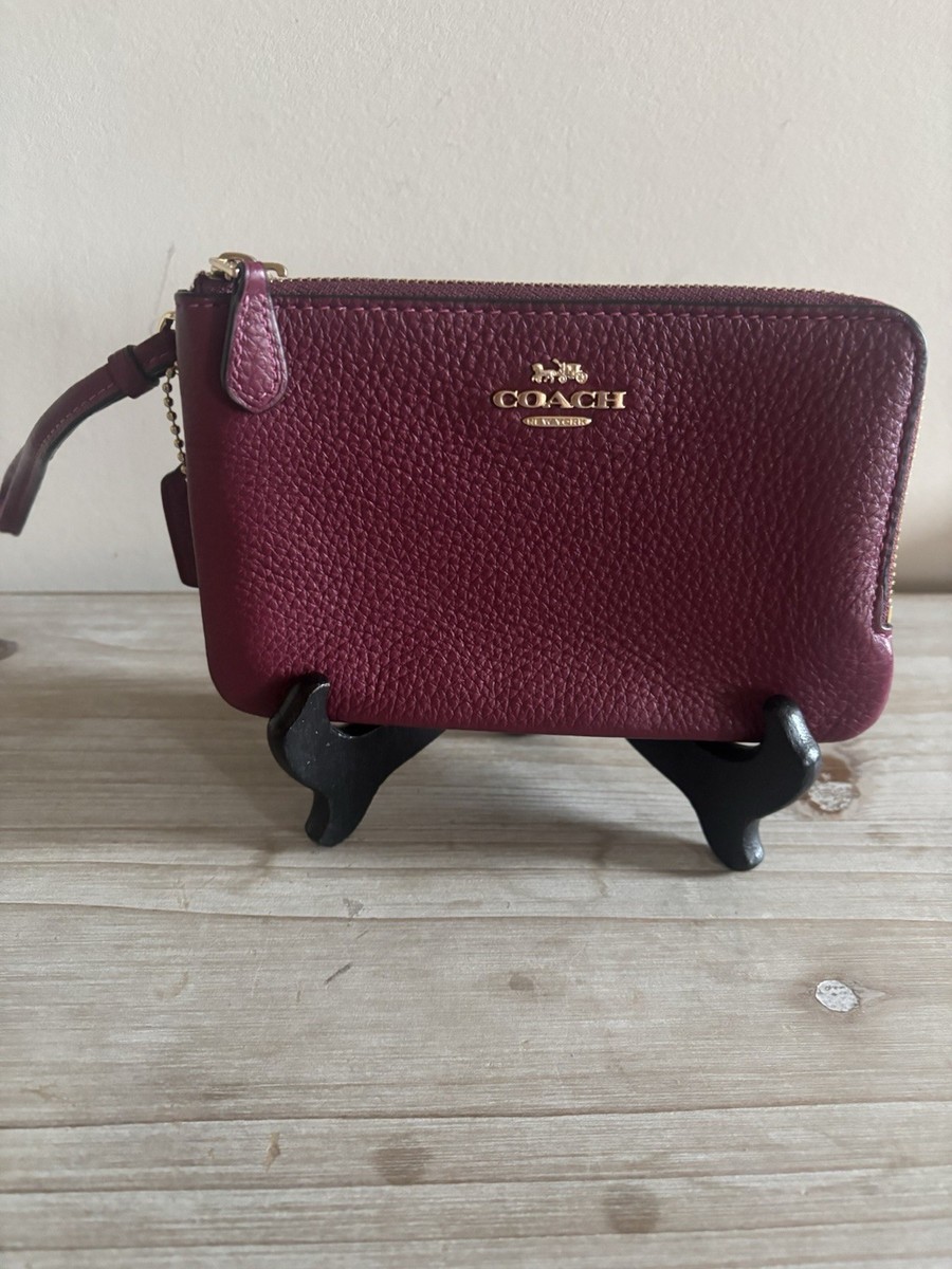 Coach Double Zip Pebbled Leather Wristlet Rouge Burgundy Wine Red