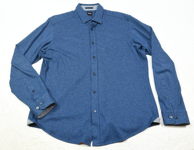 Hugo Boss Twill Shirt Mens Large Blue Woven Long Sleeve Button-Up Regular Fit