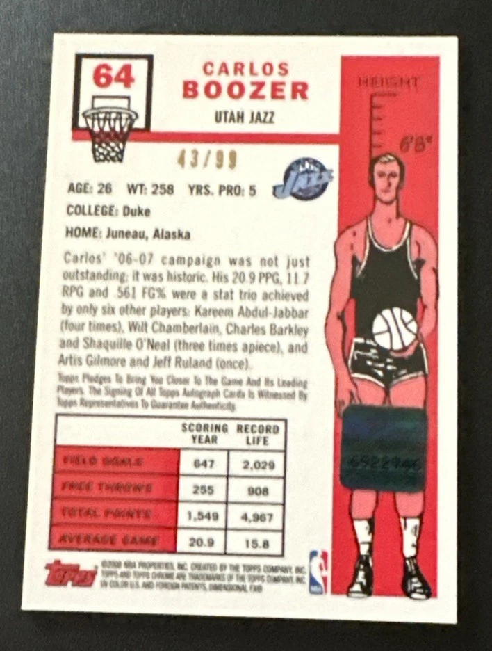 2008 Carlos Boozer Topps Chrome 1957-58 variation /99 Auto - Utah Jazz Autograph - Image 2 of 3