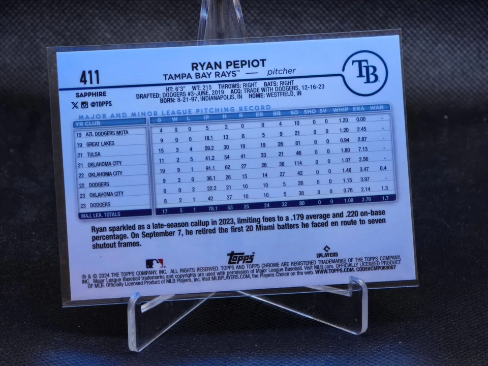 2024 Topps Chrome Sapphire Ryan Pepiot Tampa Bay Rays #411 - Image 2 of 2
