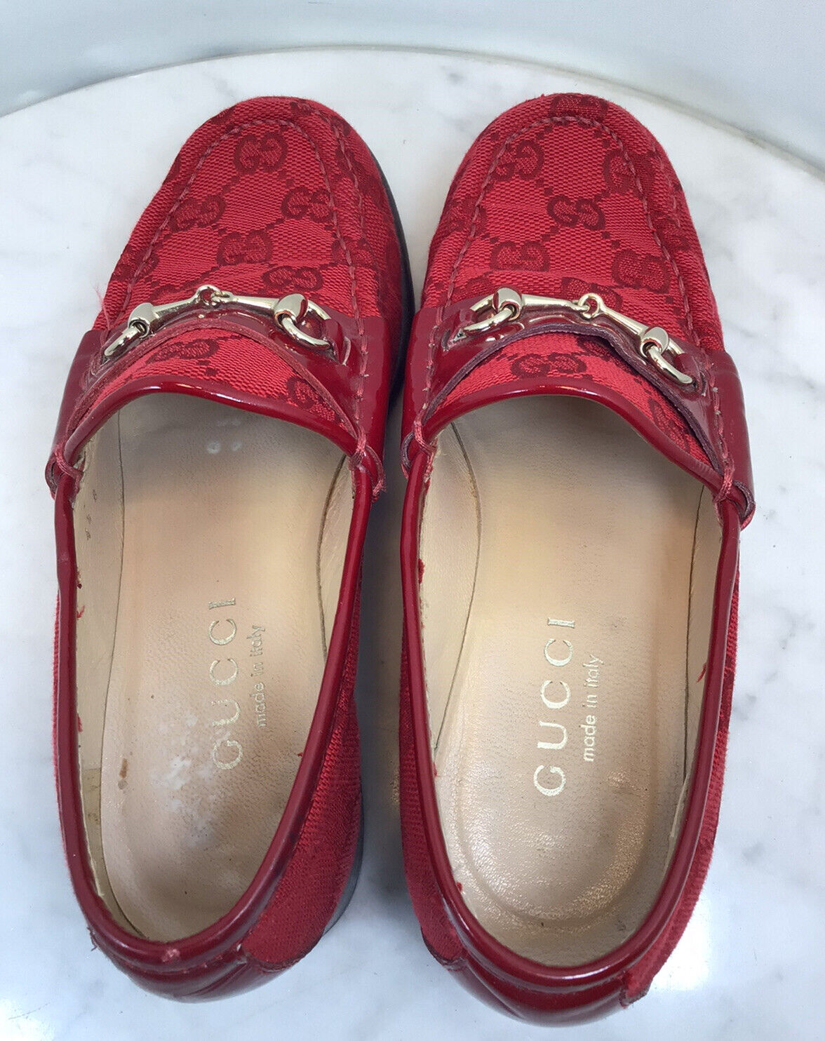 GUCCI Red Monogram Patent Leather Horsebit Women's Loafers Size 