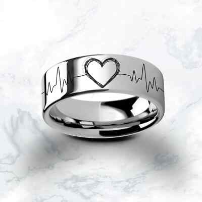 Engraved Real EKG Heart Beat Monitor Electrocardiogram Signal Ring - 8mm