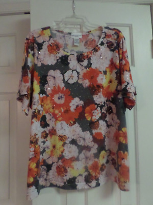 Ladies Size 2X Rebecca Malone Orange Pink Sparkly Floral Knit Polyester Top