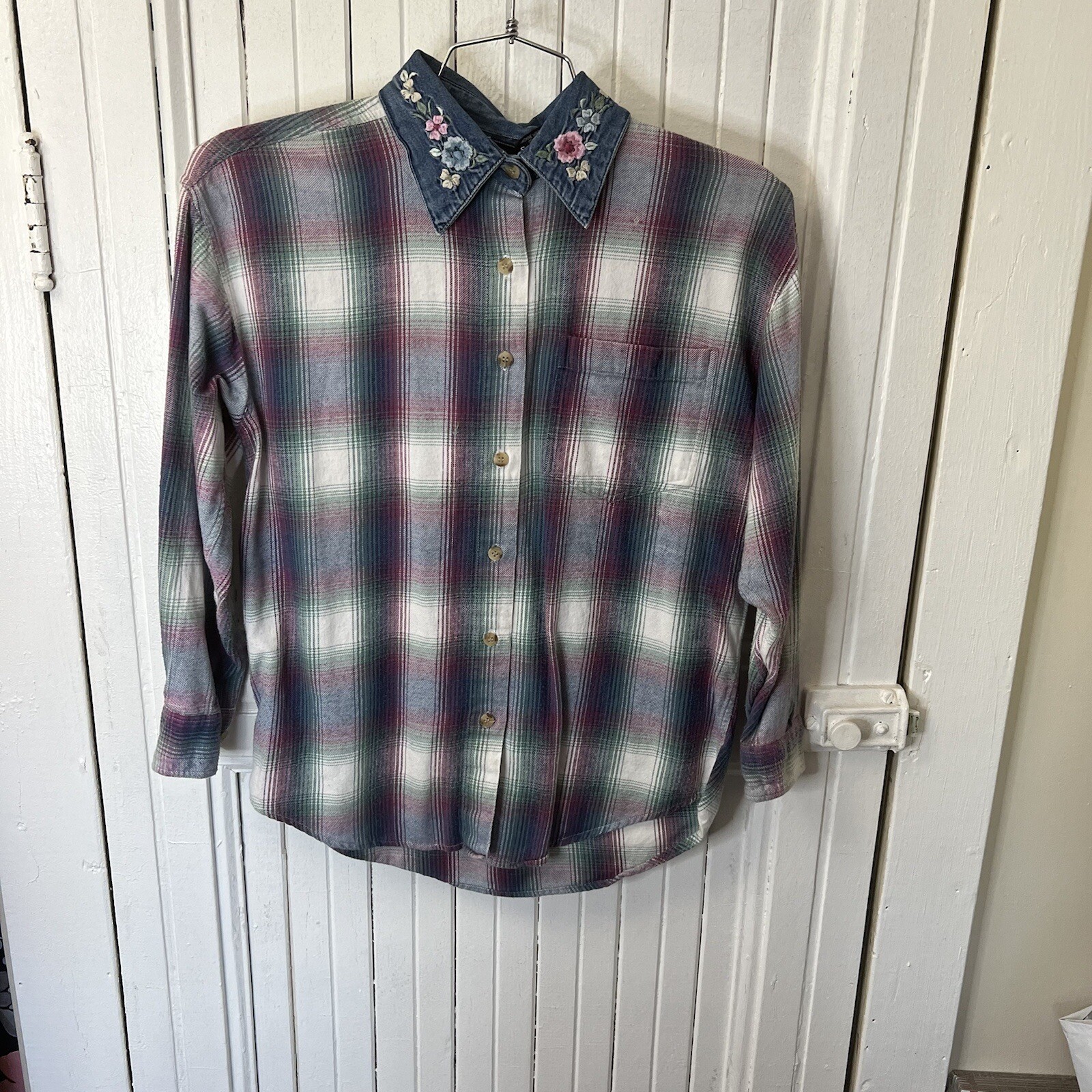 Lemon Grass 90s plaid shirt denim collar womens small… Gem