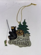 Black Bear fishing Christmas Ornament "Gone Fishing" Jeff Fleming Bearfoots BX2