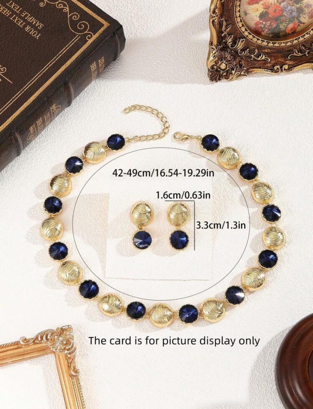 Orecchini e collana vintage modello onda rotonda cristallo blu navy set gioielli foto 5