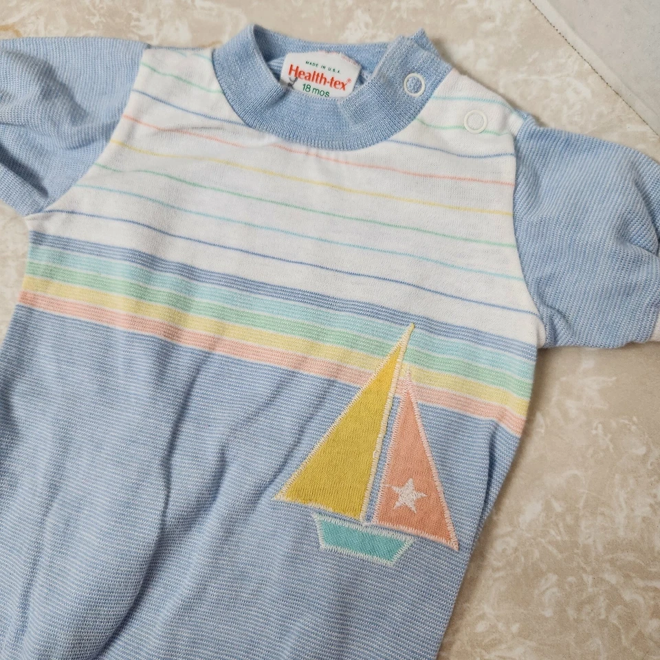 Vintage HEALTH-TEX Knit Bodysuit Baby Infant Sz 18M Sailboat Nautical Pastel - Image 2 of 4