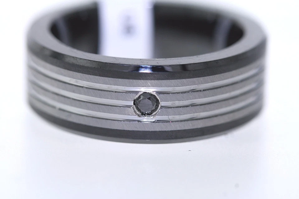 Anillo de banda de tungsteno y cerámica teñido negro diamante genuino triple ranura 8 mm Foto 4 de 4