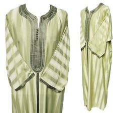 Men's Moroccan 3-Quarter Sleeve Green Striped Patterned Jubba Thobe