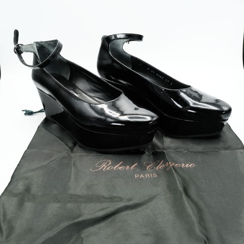 Robert Clergerie Vicky Women's Size 6 B Black Patent Leather Ankle Strap Wedges