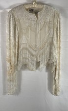 Vintage 90s Lime Nite Women's Ivory Beaded Silk Tassel Fringe Jacket Sz S