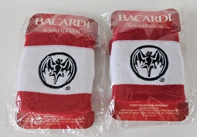 Bacardi Rum Wristband Set Red White w/ Bat Logo Sweat Band 2 Pairs NEW