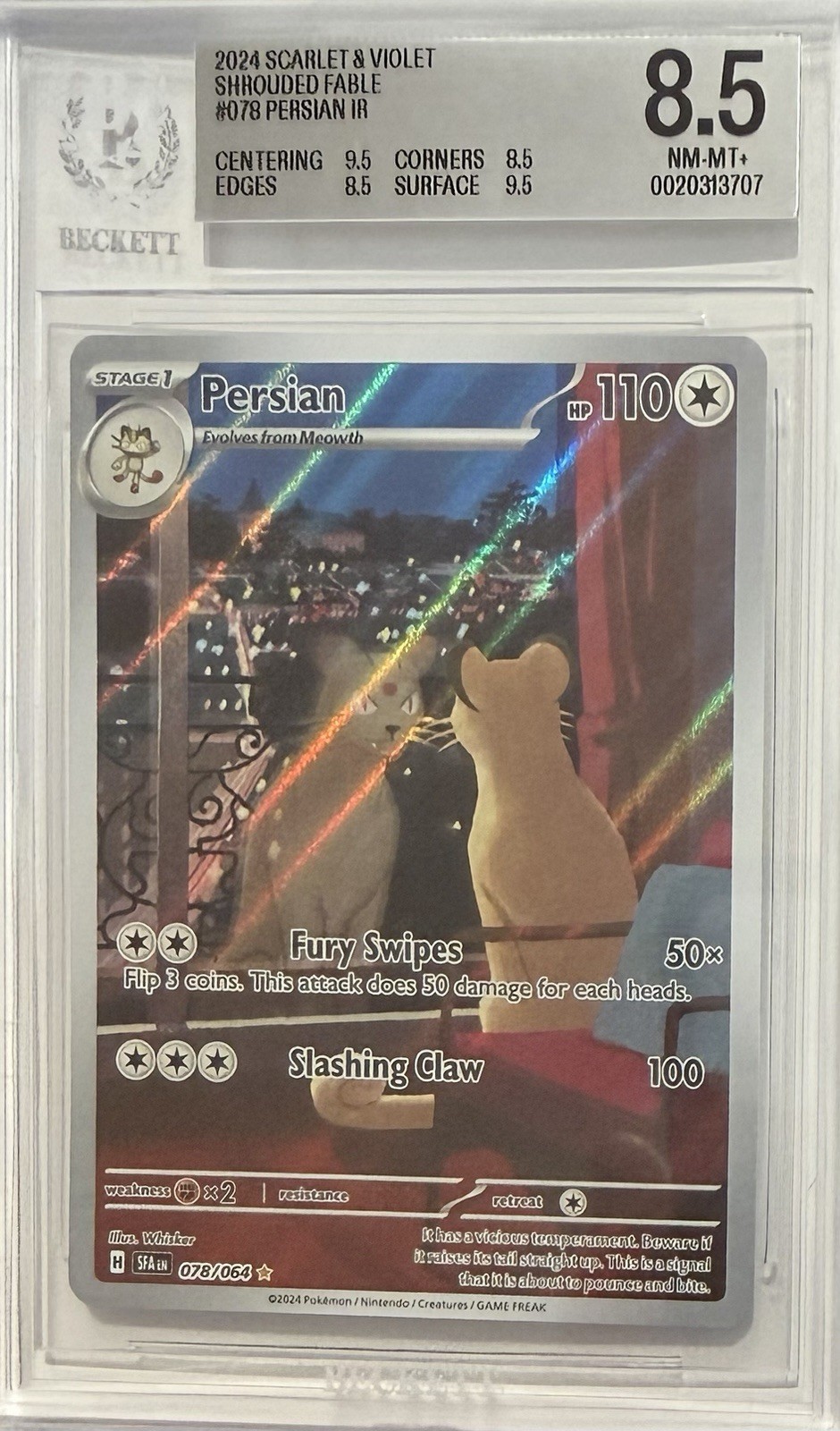 Pokémon Persian 078/064 Shrouded Fable IR Holo Beckett GS 8.5 NM-MT +