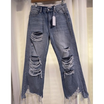 Petra 153 Womens Distressed Straight Leg Jeans Light Wash Raw Hem Size 5/26 NWT
