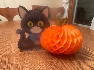 Vintage Halloween Double sided Die Cut Cat and Honeycomb Pumpkin