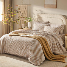 King Size Comforter Set 7 Pieces Tan White Striped  Bed in a Bag with Sheets Bo