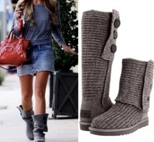 UGG Australia Boots Women Size 7 Classic Cardy Gray 5819 Sweater Knit Fold Over