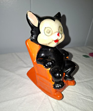 Very Rare Vintage Black Cat Flicker Eyes Orange Rocker Coin Bank MCM 1950s