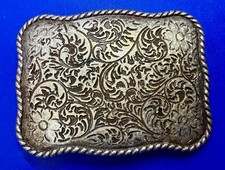 Western Flower Swirl Design Silver Tone Belt Buckle W/ Thick Rope Boarder