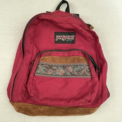 Jansport 90s Vintage Backpack Red Floral Tapestry Suede Leather
