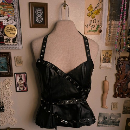 Faux Leather Halter Corset Top Women's Small Black Belted Zip Lace Up Gothic