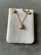 14K Gelbgold weiße Perle & Diamant Anhänger mit Halskette & Ohrringen