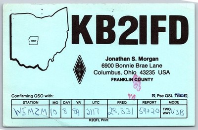KB2IFD QSL Postcard Columbus Ohio 1990 Amateur Radio Ham W5MZM Buffalo Bill A391