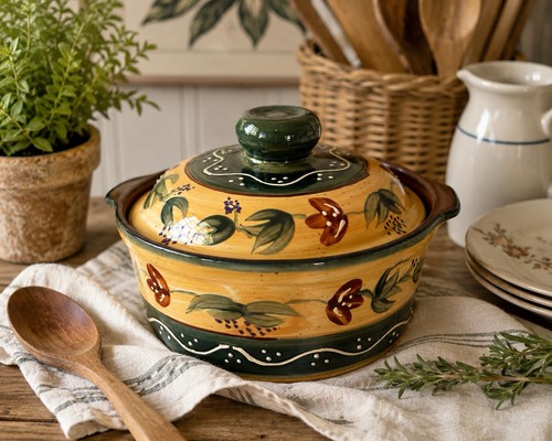 Vintage Avignon Style Lidded Ceramic Casserole Dish Hand Painted Tuscan Pottery