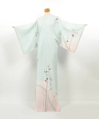 Vintage Ro Silk Kimono: Mint Green Yuzen Plum Blossom Summer Robe / 2603092
