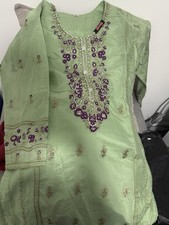 Women Green Salwar Kameez Set with Purple Embroidery Size 38