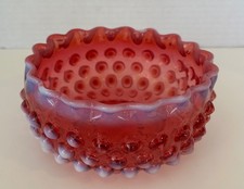 Hobbs Brockunier Cranberry Opalescent Dew Drop Hobnail Ruffle Edge Bowl 