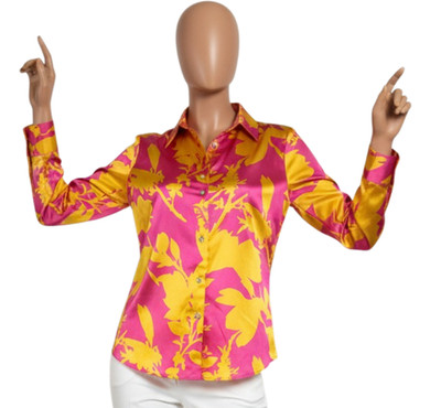 La Balencia Satin Blouse Women Vibrant Floral Medium Pink Yellow Floral Coquette