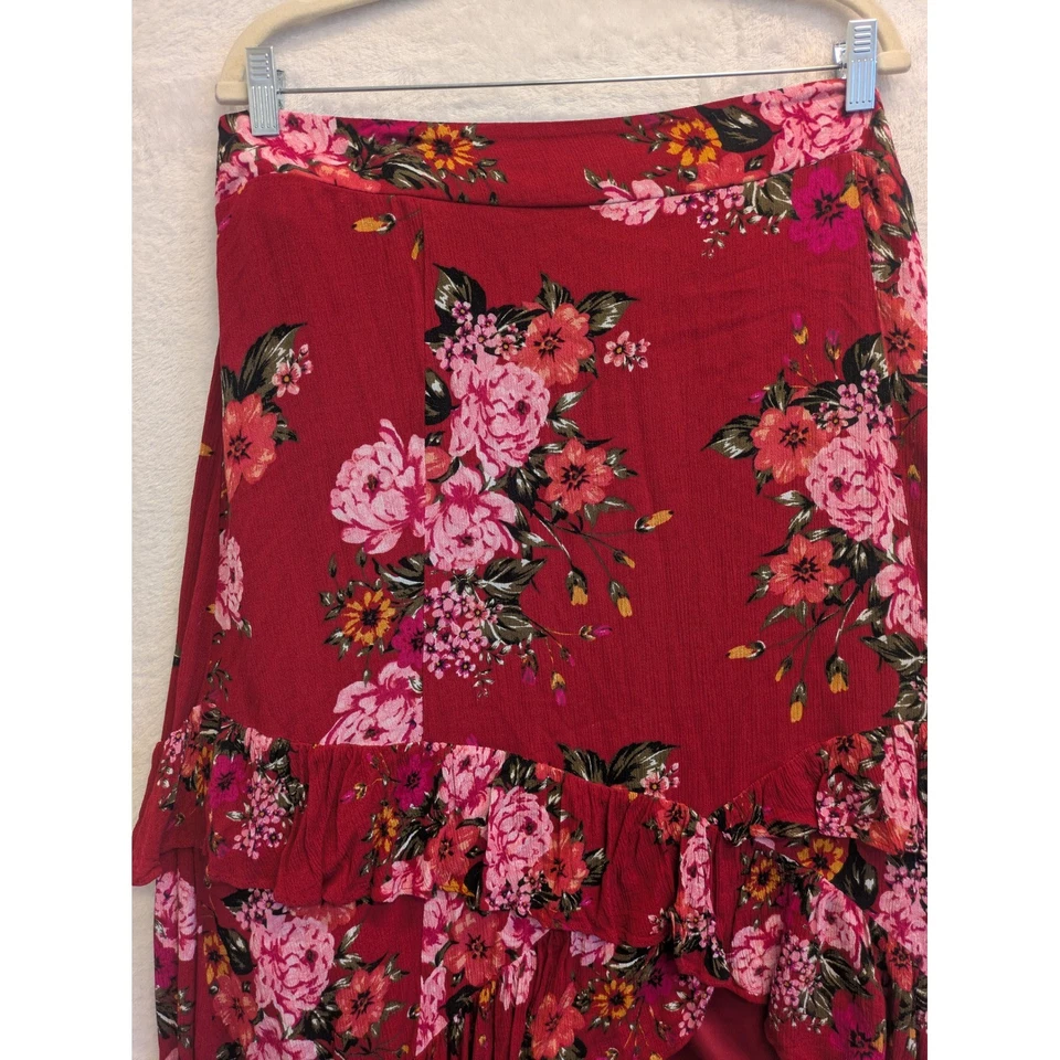 Torrid Floral High Low Ruffle Skirt Plus Size 1 Red Boho Cottagecore - Image 2 of 4