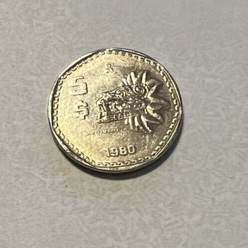 Mexico 1980 $5 PESOS Coin with Quetzalcoatl (mythical Aztec flying
