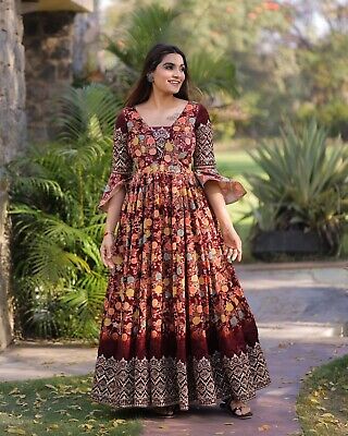 Burnt Red Designer Embroidered Taffeta Silk Party Wear Gown | Saira's  Boutique