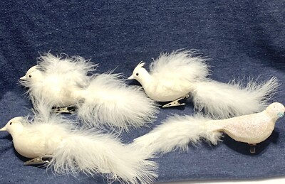 Three White Feathered Flocked Bird Clip On Ornaments - One Glitter and Feather