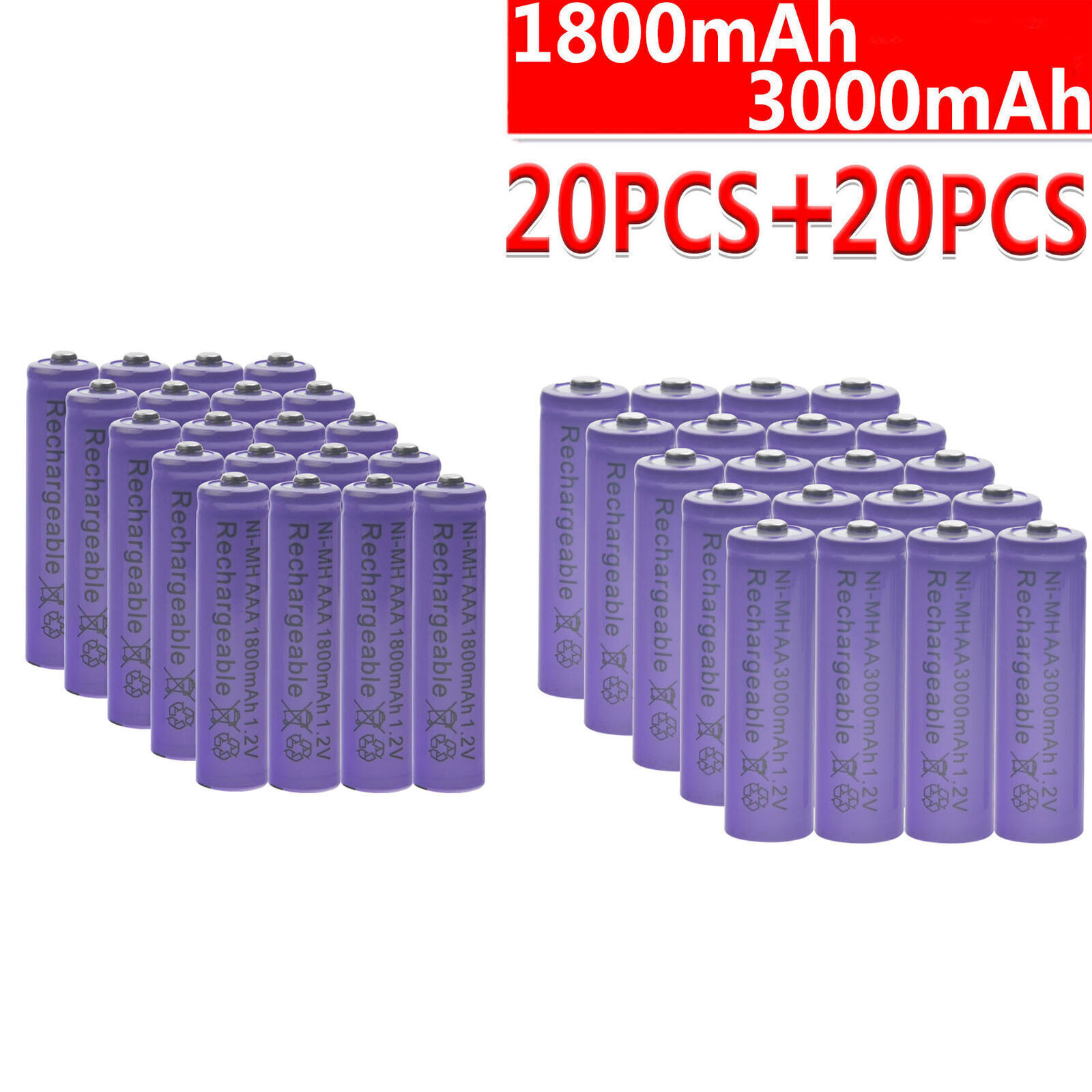 20 AA +20 AAA 1.2V 1800mAh 3000mAh NiMH Purple Rechargeable Battery Cell