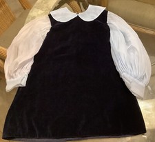 Vintage Tiny Town Togs Girls Dress Navy Velvet Plush/Chiffon sleeves/Collar 7/8