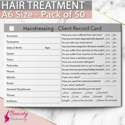 BEAUTY STATIONERY Hairdressing Client Record Card Hair Consultation Treatment Therapists A6 x50