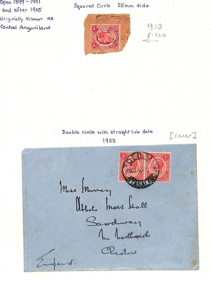 NYASALANDIA Raro POSELLOS *Dedza* CDS 1922 Cubierta Cuadrado Círculo 1910 Pieza AG129 Foto 2 de 4