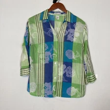 Rebecca Malone Green Floral Button Up Light Weight Blouse Womens Size S