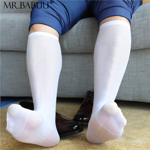 Paquete de 4 Pares Para Hombre A Rayas Anchas Sexy Vestido Transparente Elástico Chinlon Seda Traje Calcetines - Imagen 5 de 13