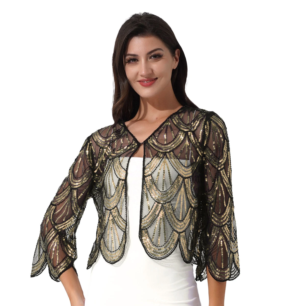 gold shrugs for dresses Gold Sequin Long Glass Fringe Beaded Shoulder Shrug Shawl Applique Western Rodeo