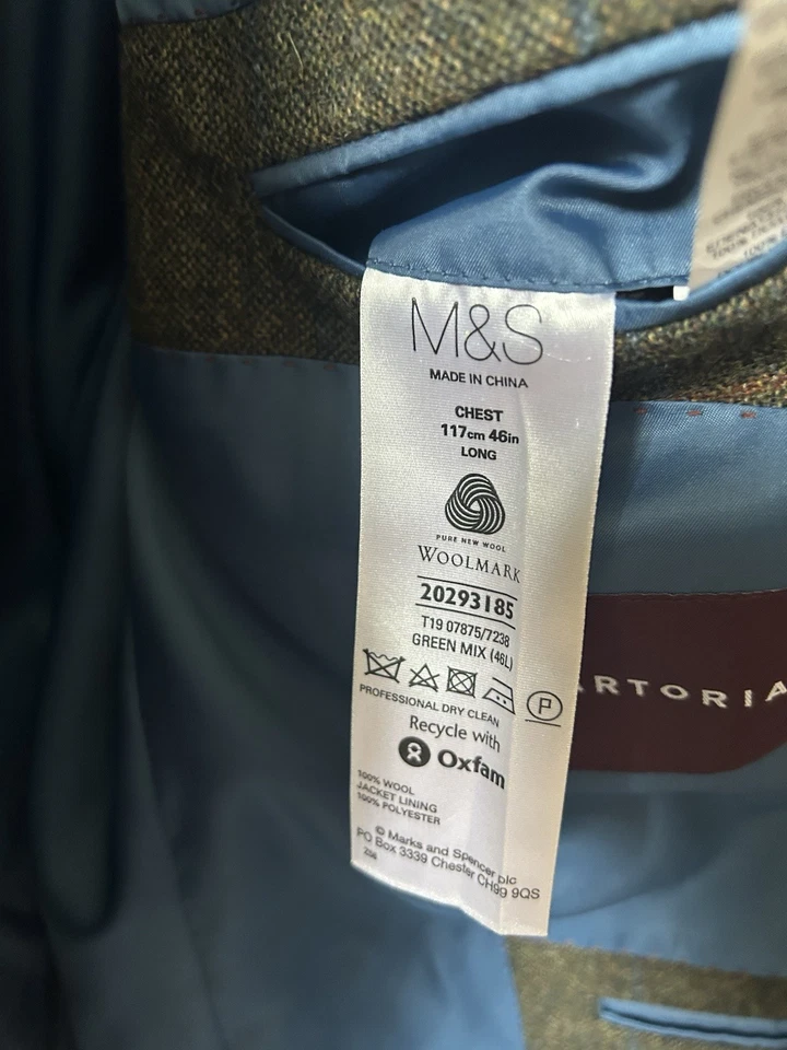 M&S Moon Tweed Jacket Mens 46L Green Mix Check Wool Blazer Worn Once Lined - Image 3 of 4