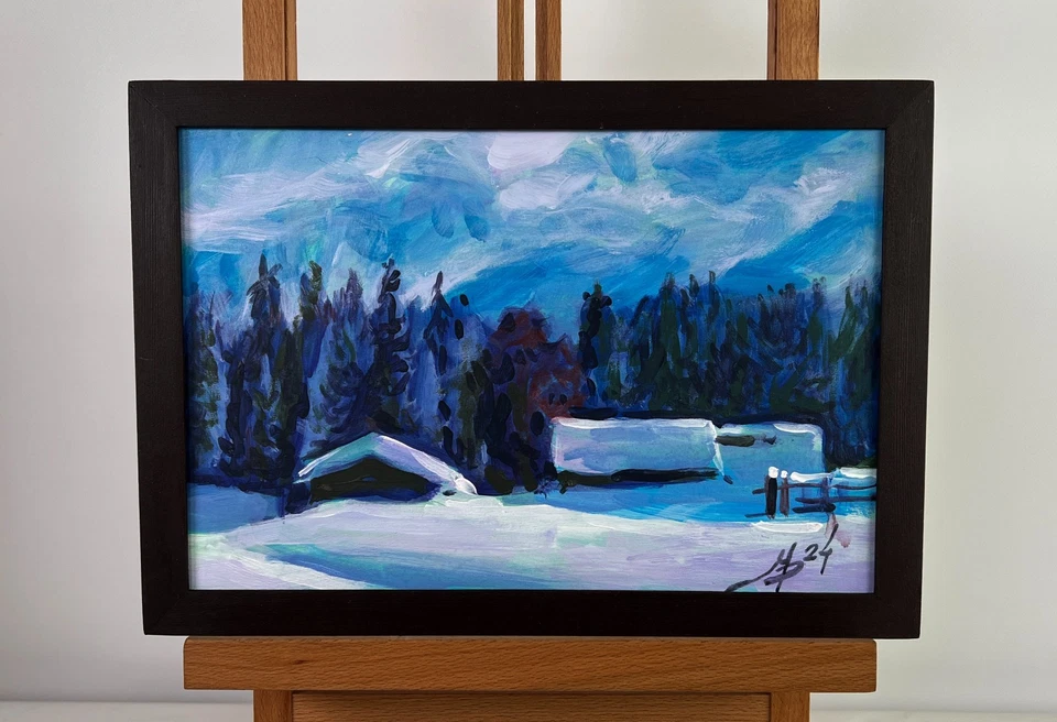 亚克力绘画村冬季故事 M. Patskan 无框原版 nAAA4823 — 第 2/4 张图片